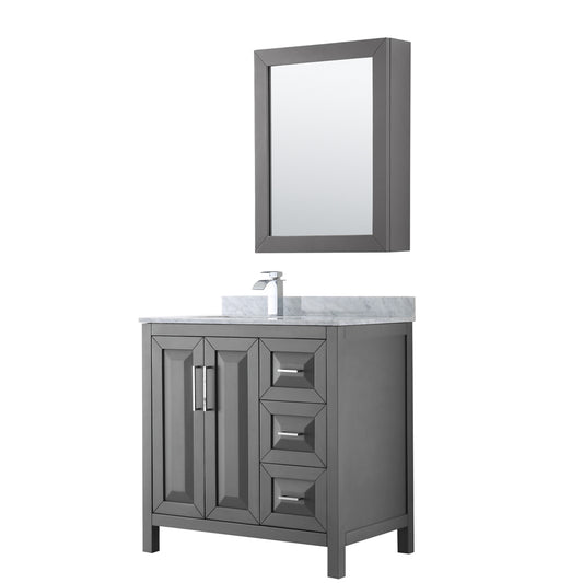 Daria 36 inch Single Bathroom Vanity in Dark Gray, White Carrara Marble Countertop, Undermount Square Sink, and Medicine Cabinet