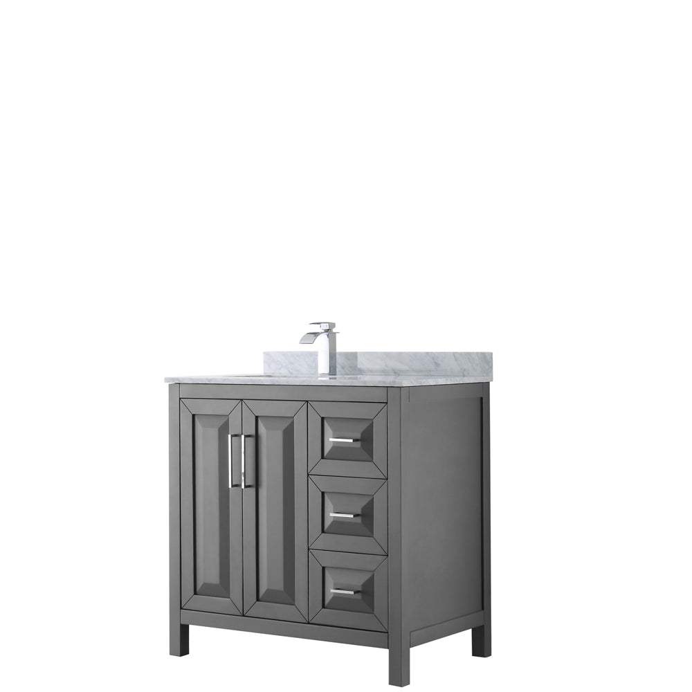 Daria 36 inch Single Bathroom Vanity in Dark Gray, White Carrara Marble Countertop, Undermount Square Sink, and No Mirror