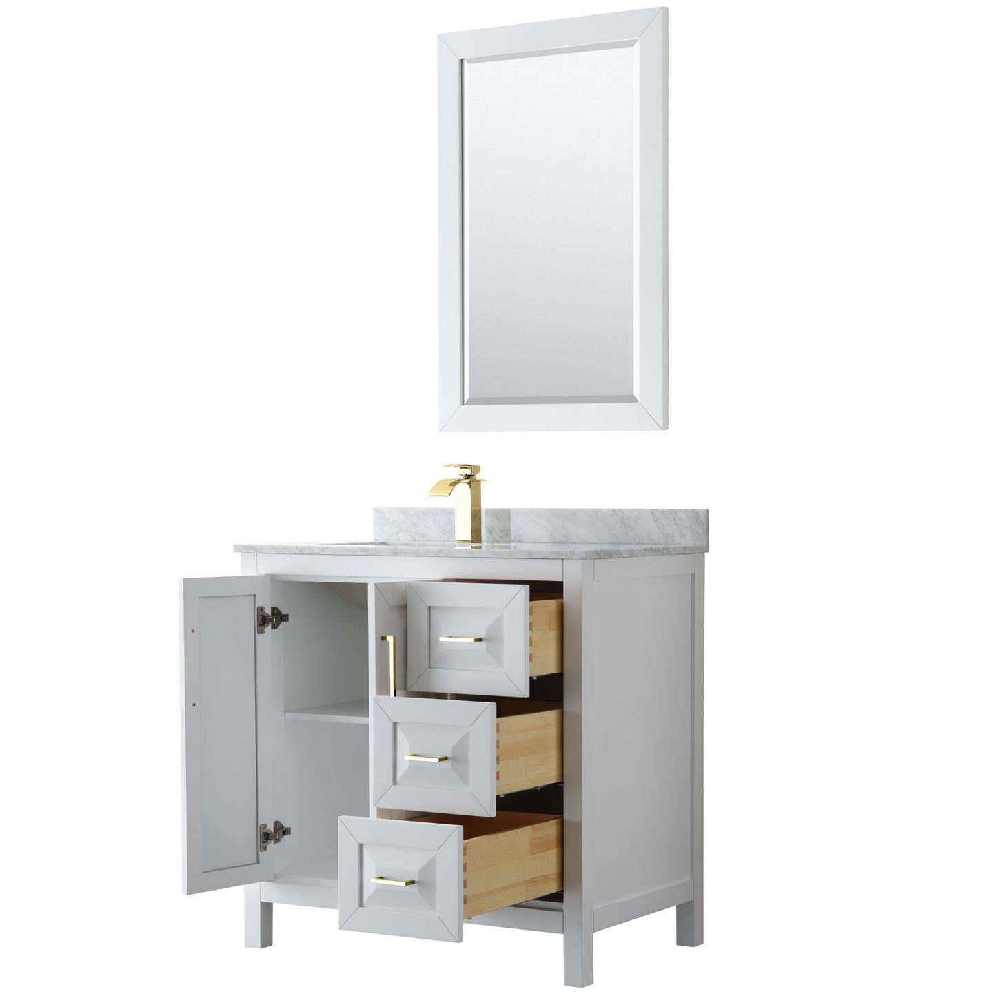 Daria 36" Single Vanity in White, Top, Square 24" Mirror, Brushed Gold Trim