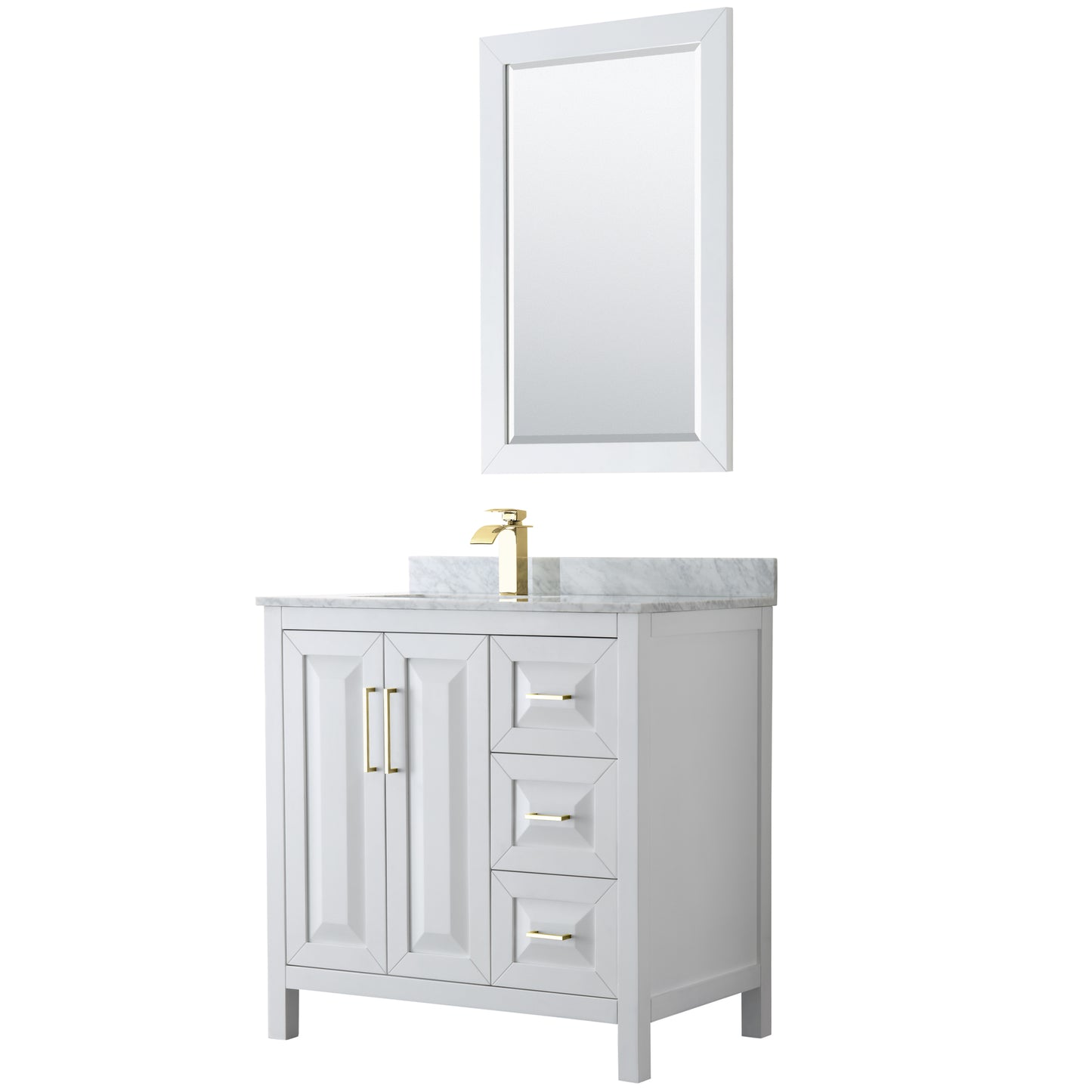 Daria 36" Single Vanity in White, Top, Square 24" Mirror, Brushed Gold Trim