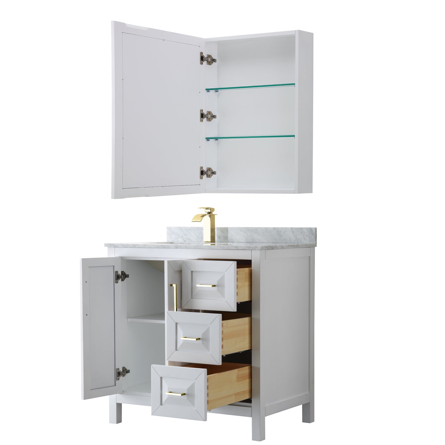 Daria 36" Single Vanity in White, Top, Medicine Cabinet, Brushed Gold Trim