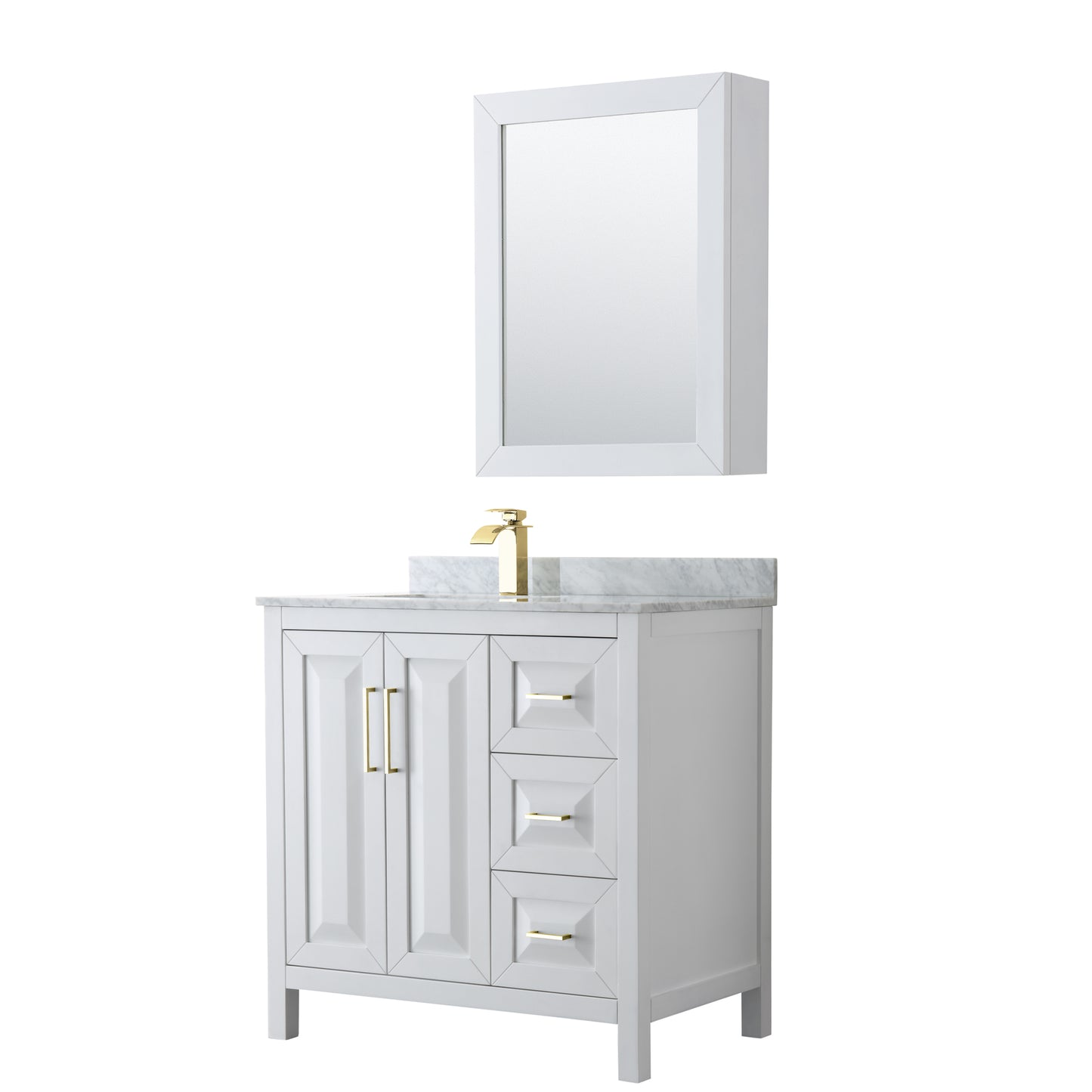 Daria 36" Single Vanity in White, Top, Medicine Cabinet, Brushed Gold Trim