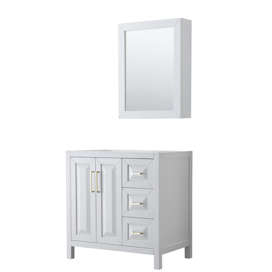 Daria 36" Single Vanity in White, No Top, No Medicine Cabinet, Brushed Gold Trim