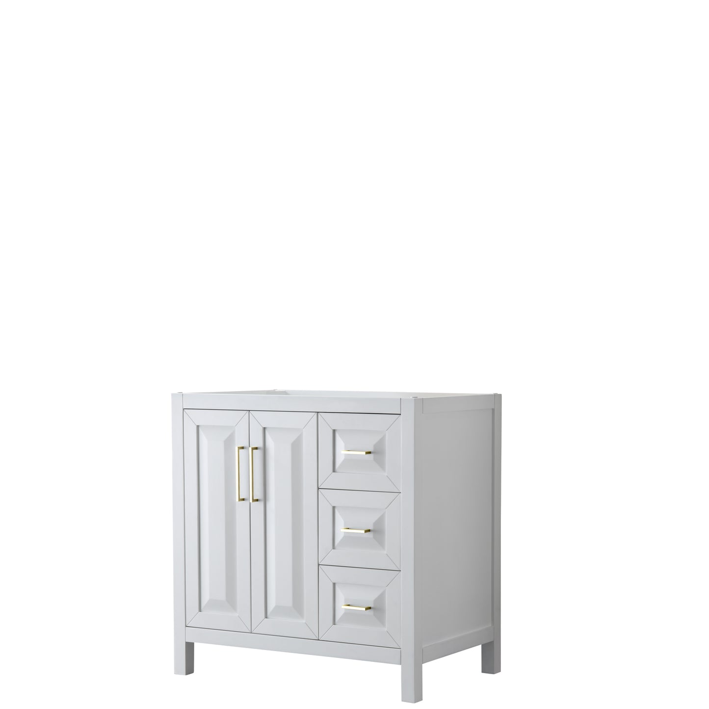 Daria 36" Single Vanity in White, No Top, No Sink, Brushed Gold Trim