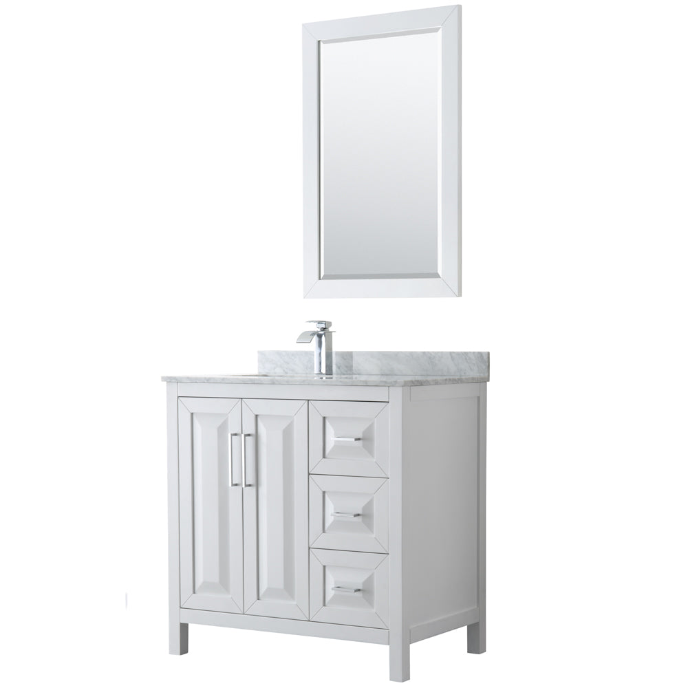 Daria 36 inch Single Bathroom Vanity in White, White Carrara Marble Countertop, Undermount Square Sink, and 24 inch Mirror