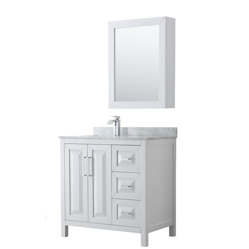 Daria 36 inch Single Bathroom Vanity in White, White Carrara Marble Countertop, Undermount Square Sink, and Medicine Cabinet