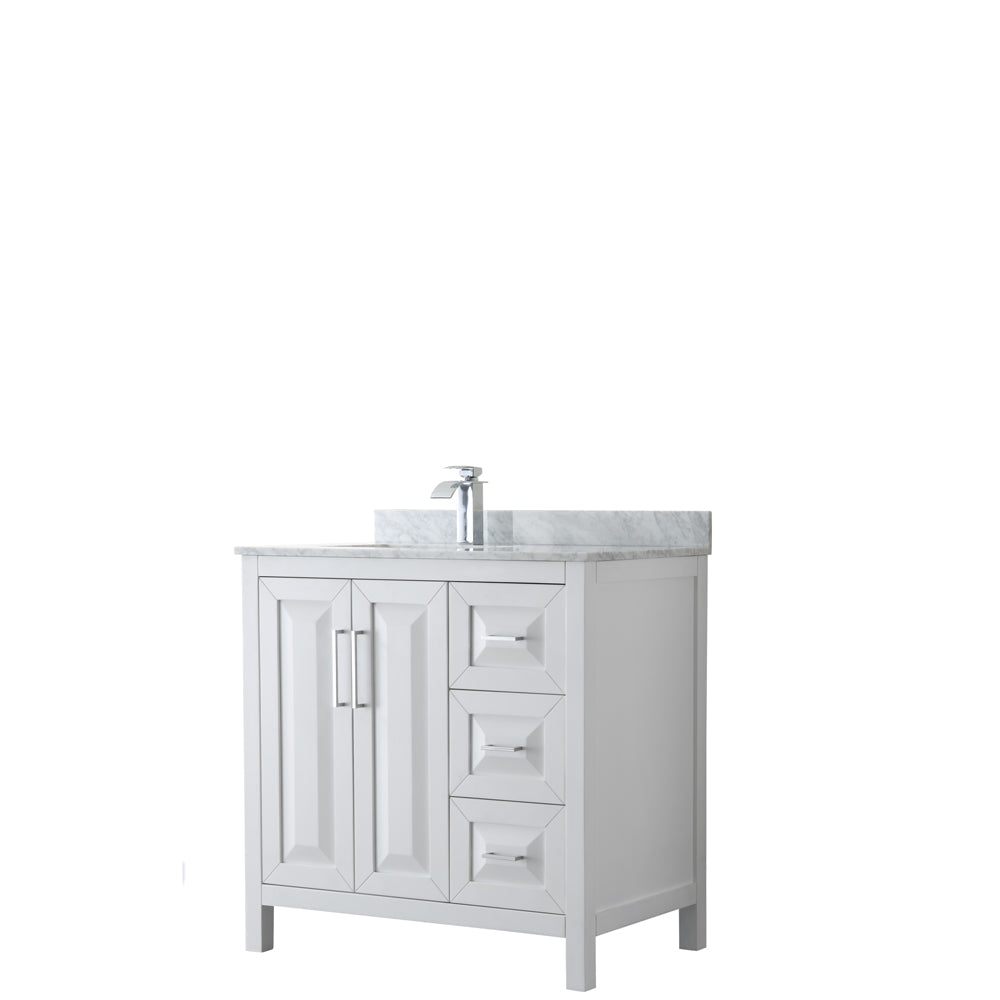 Daria 36 inch Single Bathroom Vanity in White, White Carrara Marble Countertop, Undermount Square Sink, and No Mirror