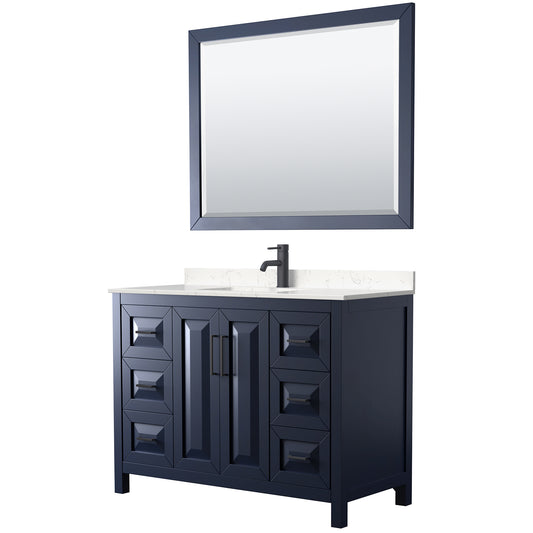 Daria 48" Single Vanity in Dark Blue, Carrara Marble Top, Black Trim, 46" Mirror