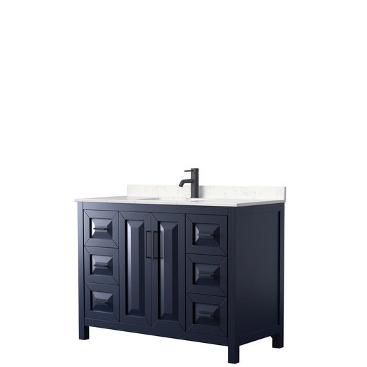 Daria 48" Single Vanity in Dark Blue, Carrara Cultured Marble Top, Black Trim