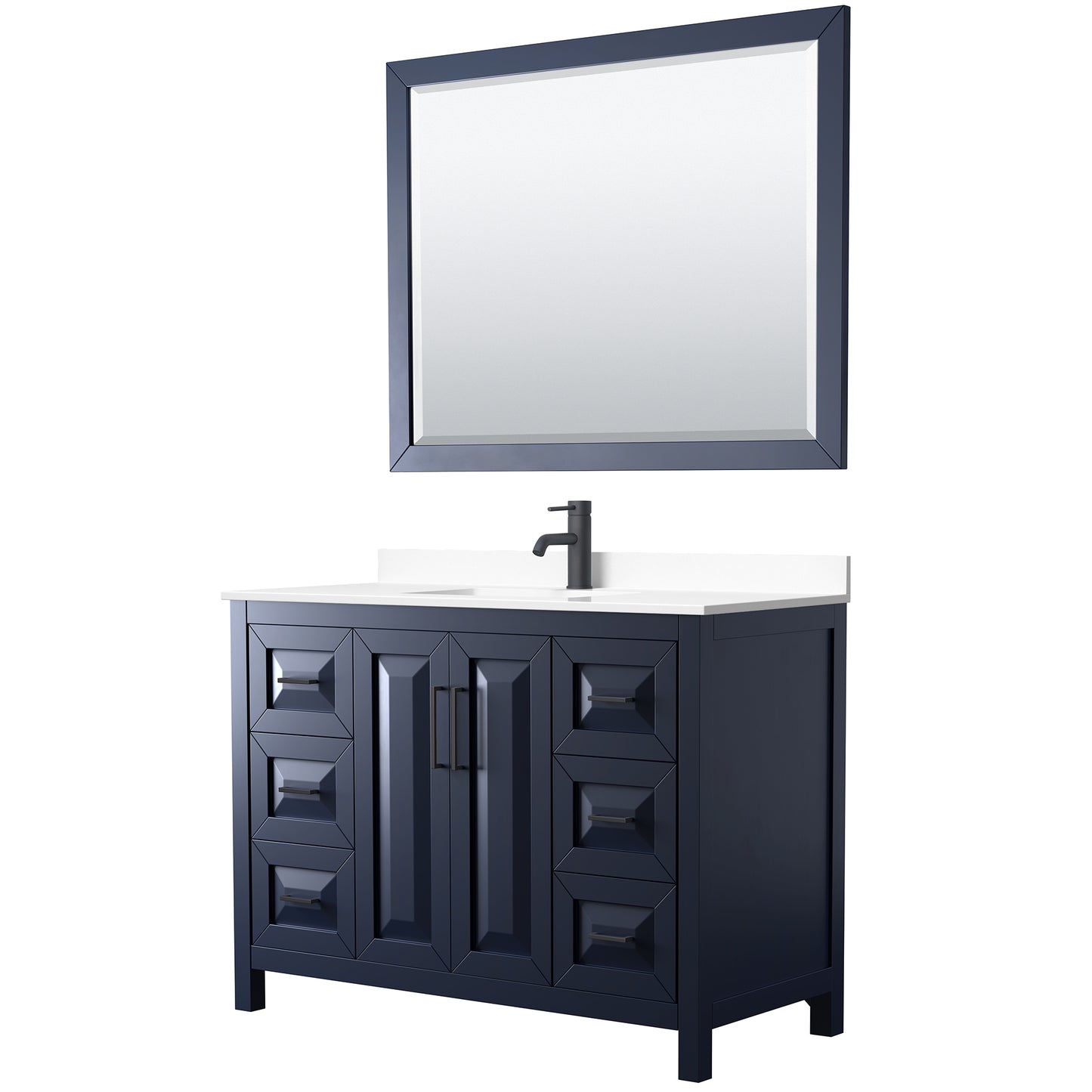 Daria 48" Single Vanity in Dark Blue, White Marble Top, Black Trim, 46" Mirror