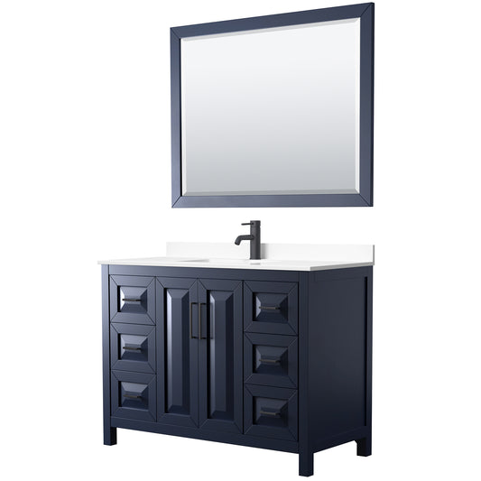 Daria 48" Single Vanity in Dark Blue, White Marble Top, Black Trim, 46" Mirror