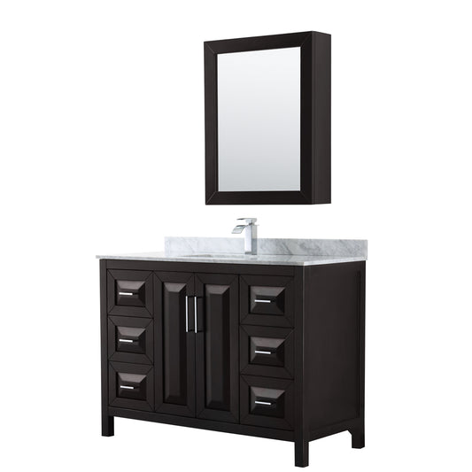 Daria 48 inch Single Bathroom Vanity in Dark Espresso, White Carrara Marble Countertop, Undermount Square Sink, and Medicine Cabinet