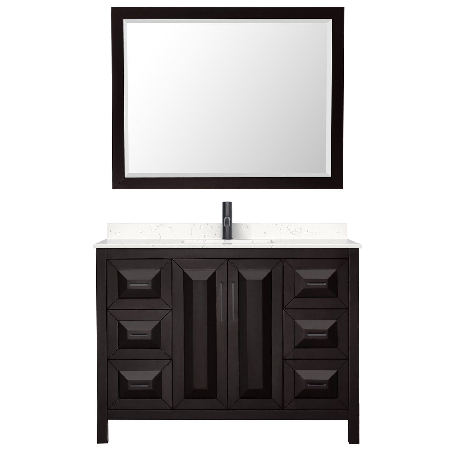 Daria 48" Espresso Single Vanity, Carrara Marble Top, Black Trim, 46" Mirror