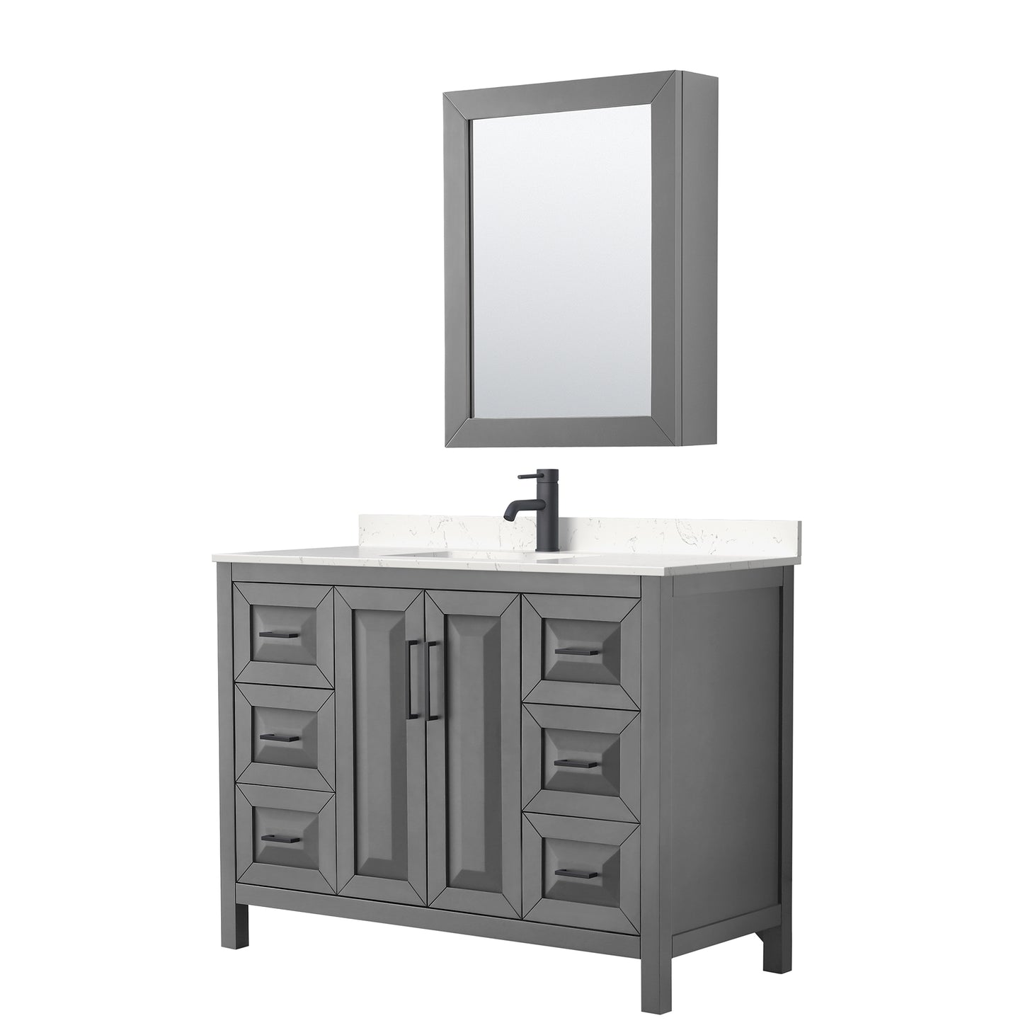 Daria 48" Gray Single Vanity, Carrara Marble Top, Black Trim, Medicine Cabinet
