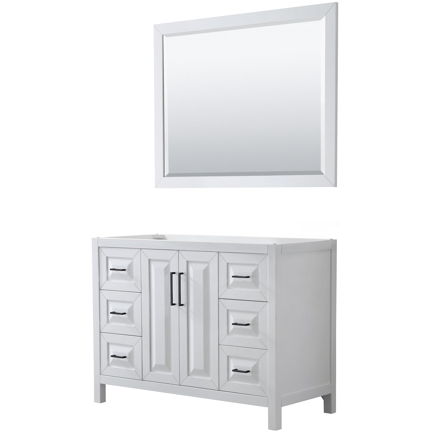 Daria 48" Single Vanity in White, No Top, No Sink, Matte Black Trim, 46" Mirror