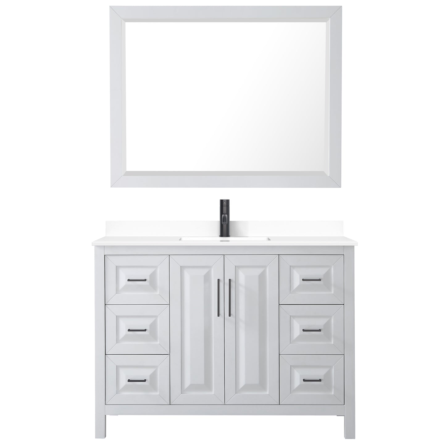 Daria 48" Single Vanity in White, White Marble Top, Black Trim, 46" Mirror