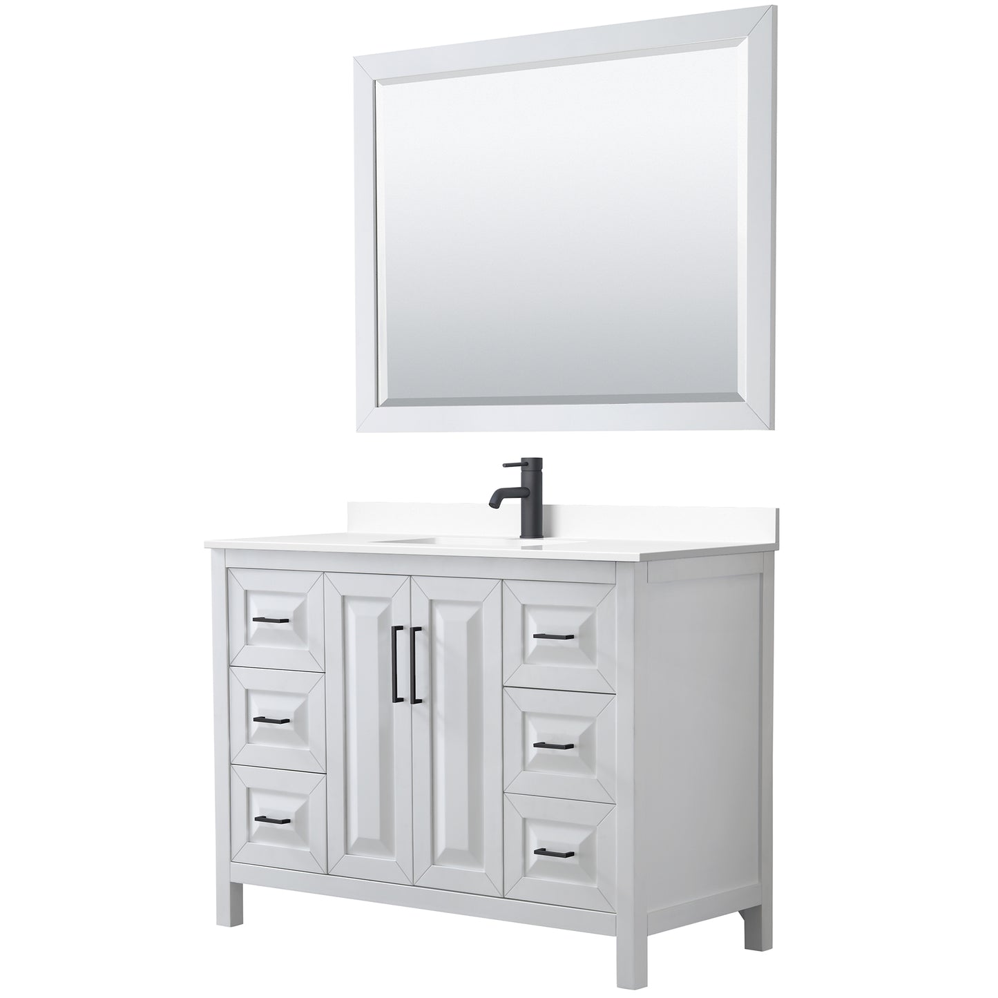 Daria 48" Single Vanity in White, White Marble Top, Black Trim, 46" Mirror