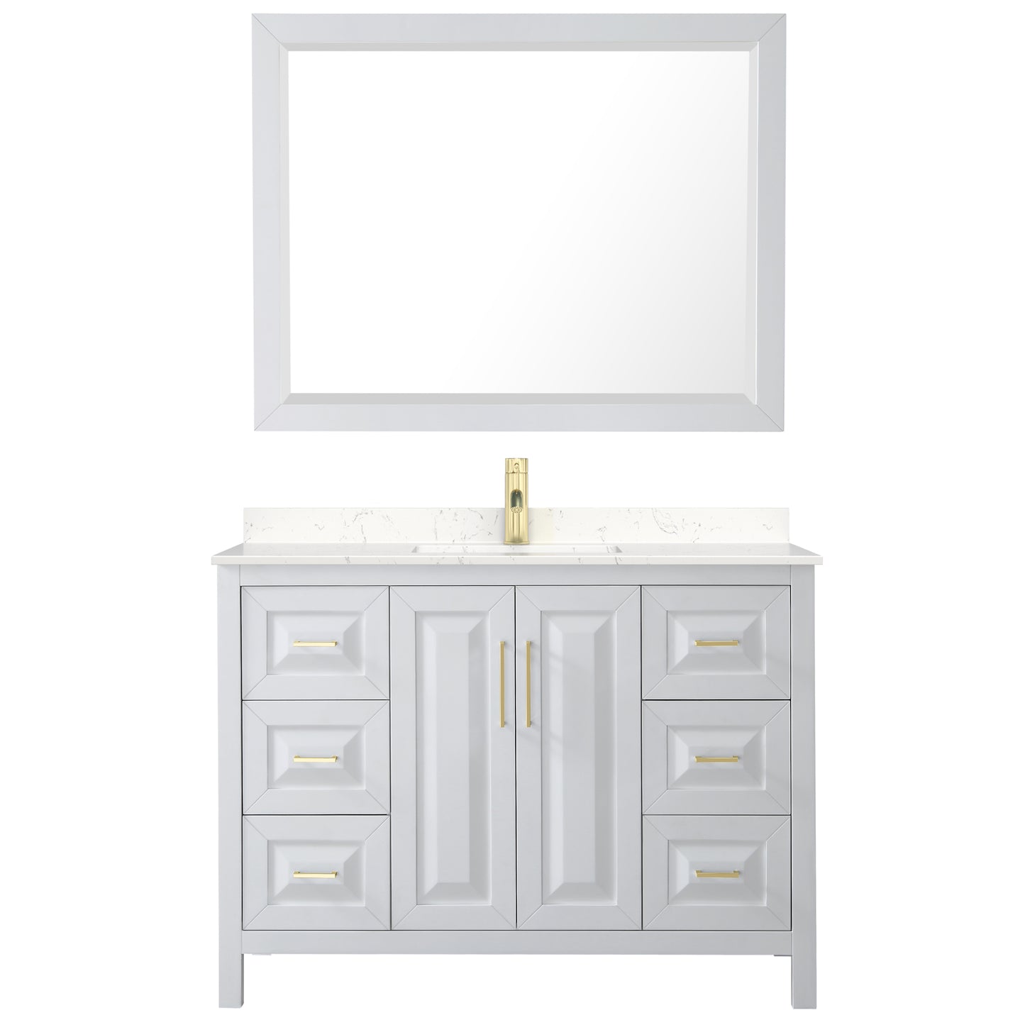 Daria 48" White Single Vanity, Carrara Marble Top, 46" Mirror, Brushed Gold Trim