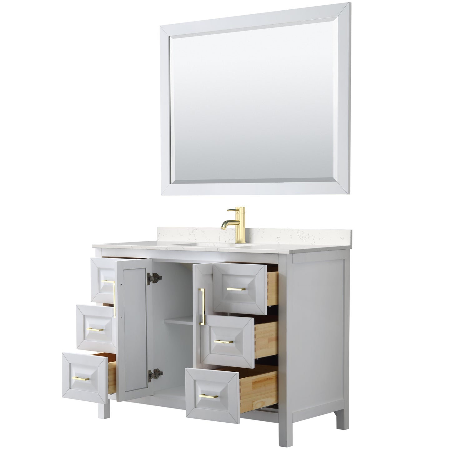 Daria 48" White Single Vanity, Carrara Marble Top, 46" Mirror, Brushed Gold Trim