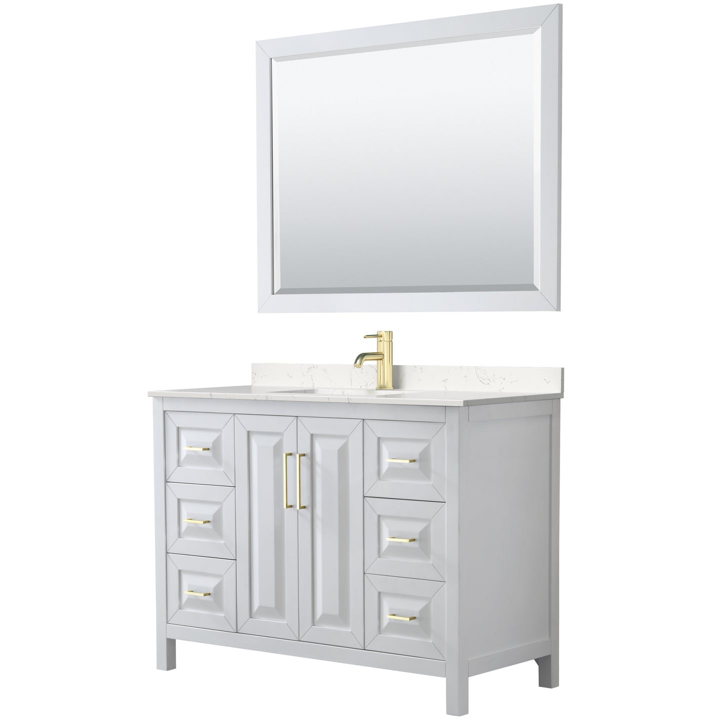 Daria 48" White Single Vanity, Carrara Marble Top, 46" Mirror, Brushed Gold Trim