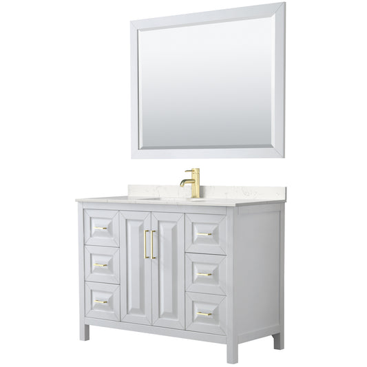 Daria 48" White Single Vanity, Carrara Marble Top, 46" Mirror, Brushed Gold Trim