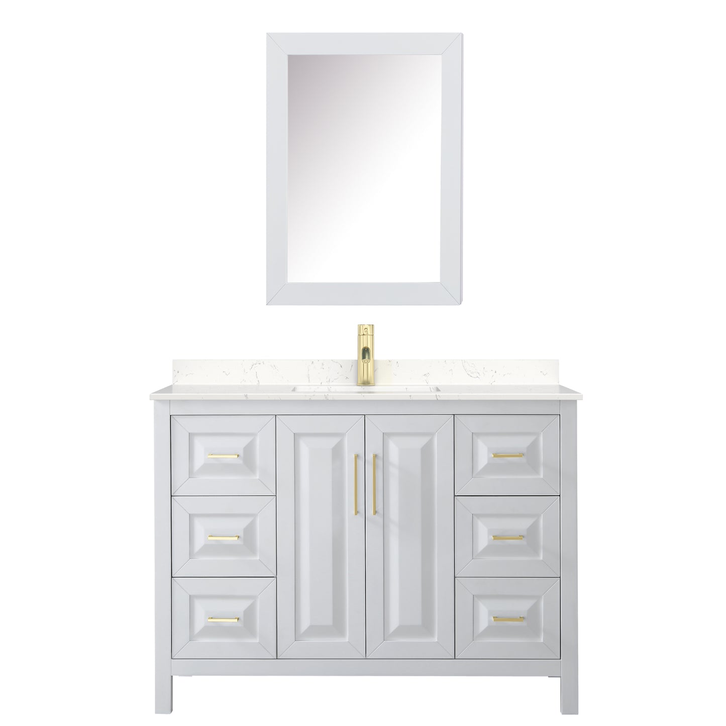 Daria 48" White Single Vanity, Carrara Marble Top, Medicine Cabinet, Gold Trim