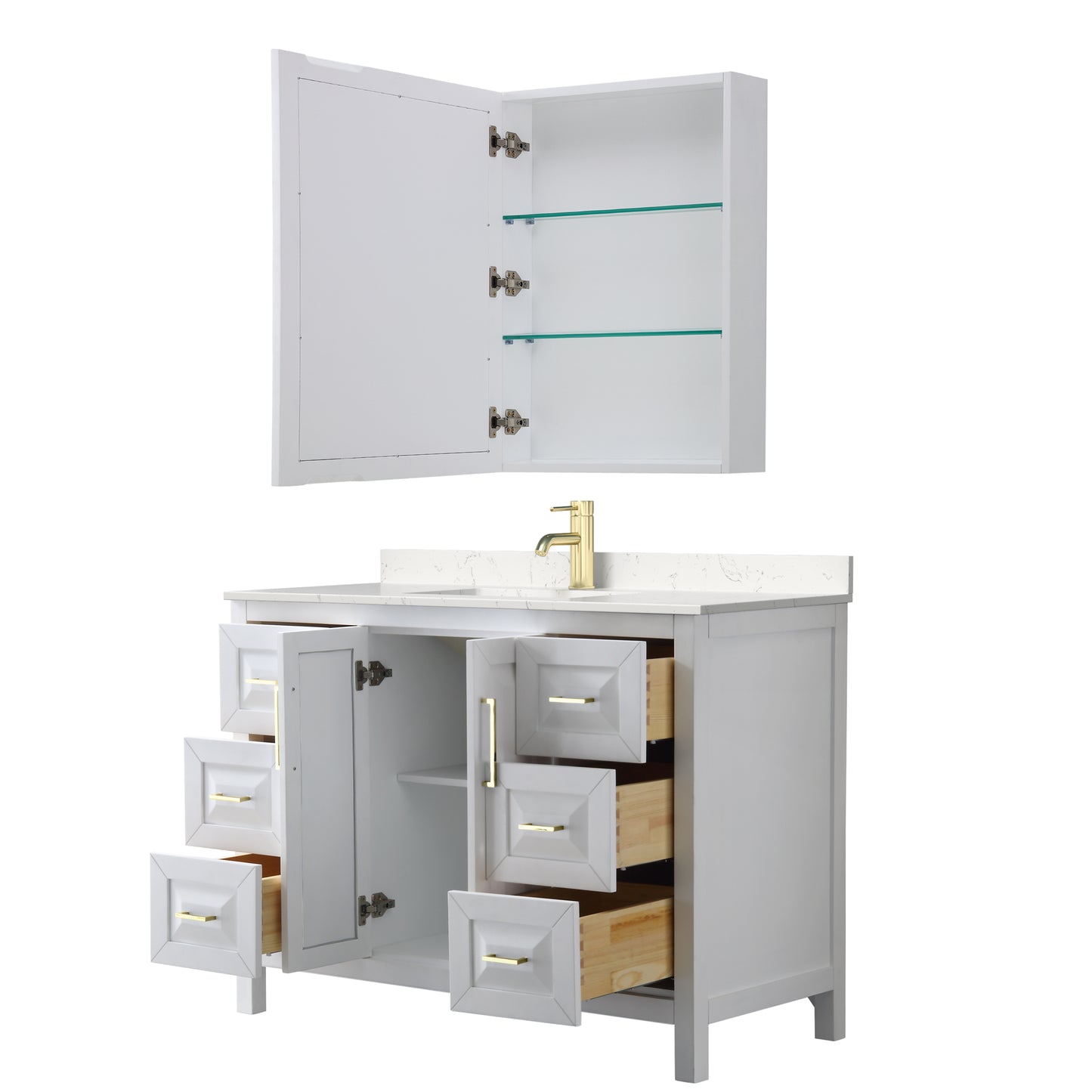 Daria 48" White Single Vanity, Carrara Marble Top, Medicine Cabinet, Gold Trim
