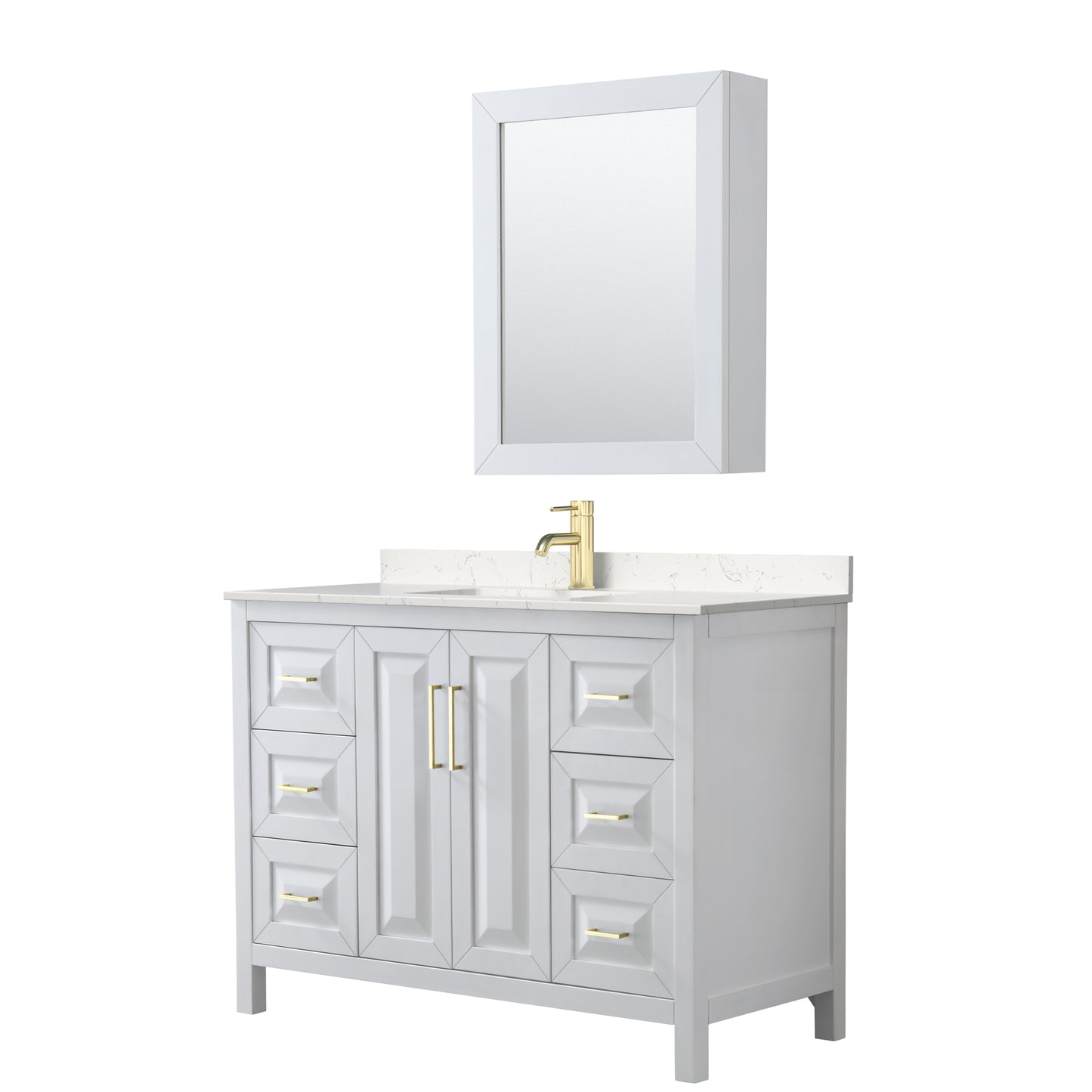 Daria 48" White Single Vanity, Carrara Marble Top, Medicine Cabinet, Gold Trim