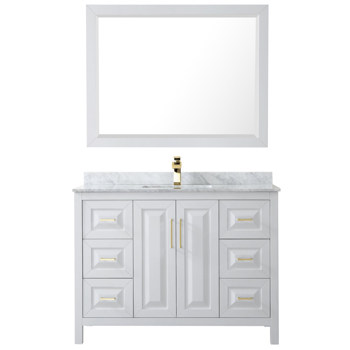 Daria 48" Single Vanity in White, Top, Square 46" Mirror, Brushed Gold Trim