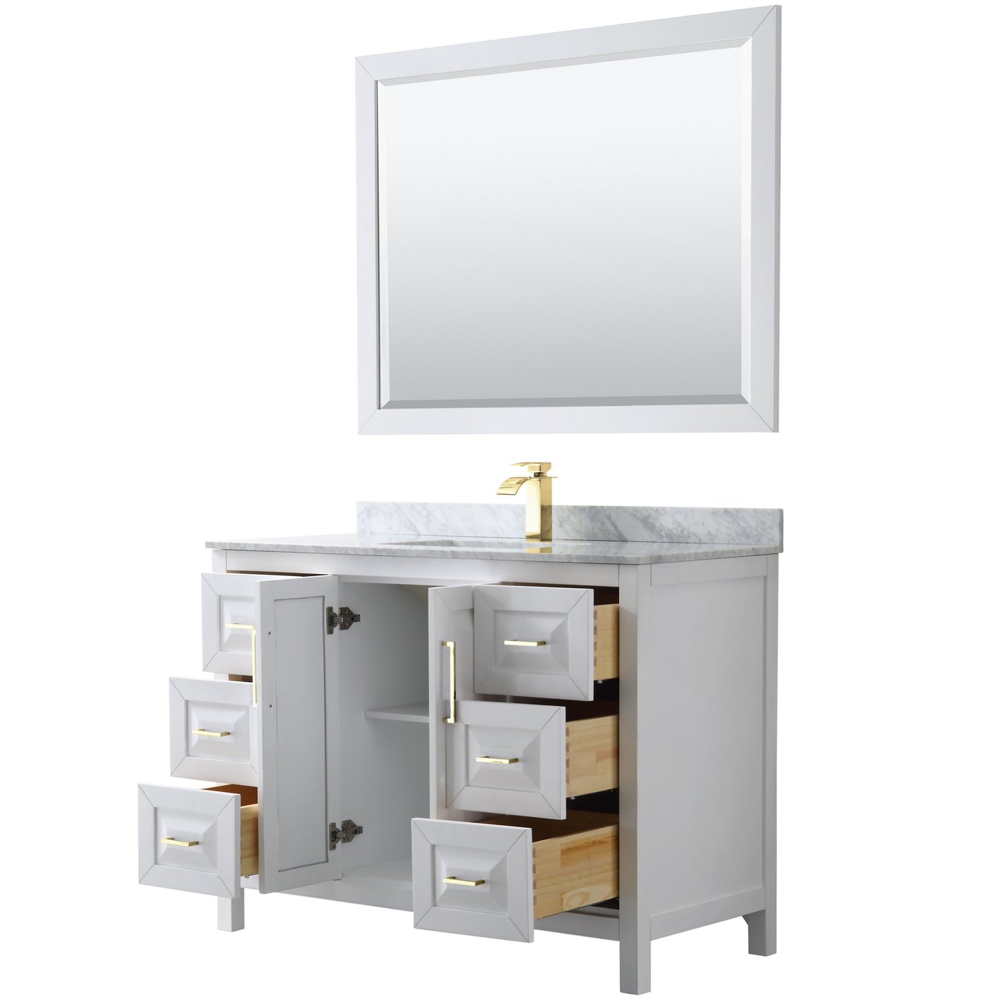 Daria 48" Single Vanity in White, Top, Square 46" Mirror, Brushed Gold Trim