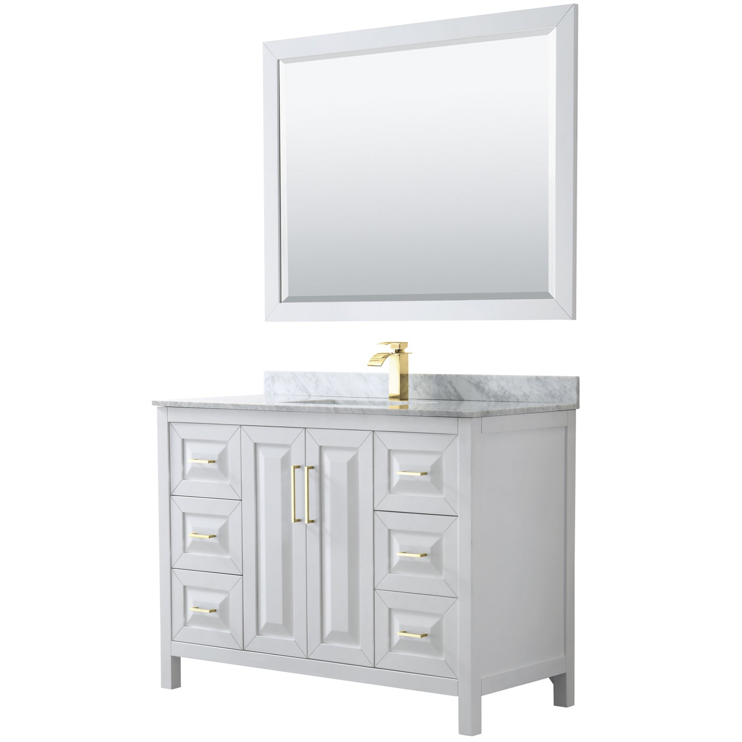 Daria 48" Single Vanity in White, Top, Square 46" Mirror, Brushed Gold Trim
