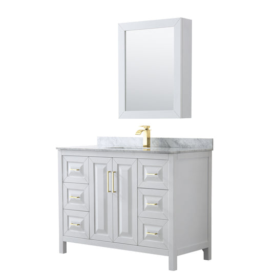Daria 48" Single Vanity in White, Top, Medicine Cabinet, Brushed Gold Trim