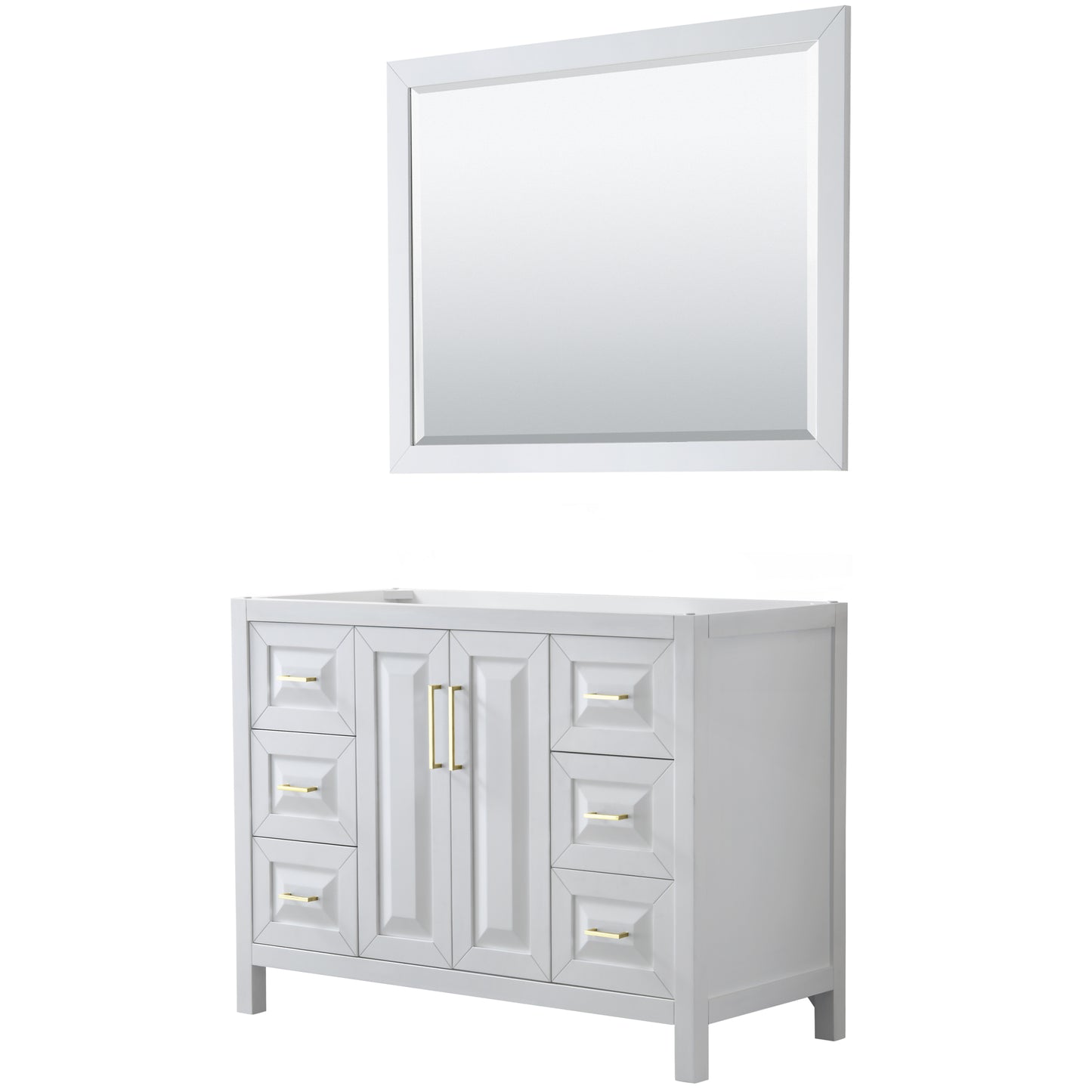 Daria 48" Single Vanity in White, No Top, No Sink, 46" Mirror, Brushed Gold Trim