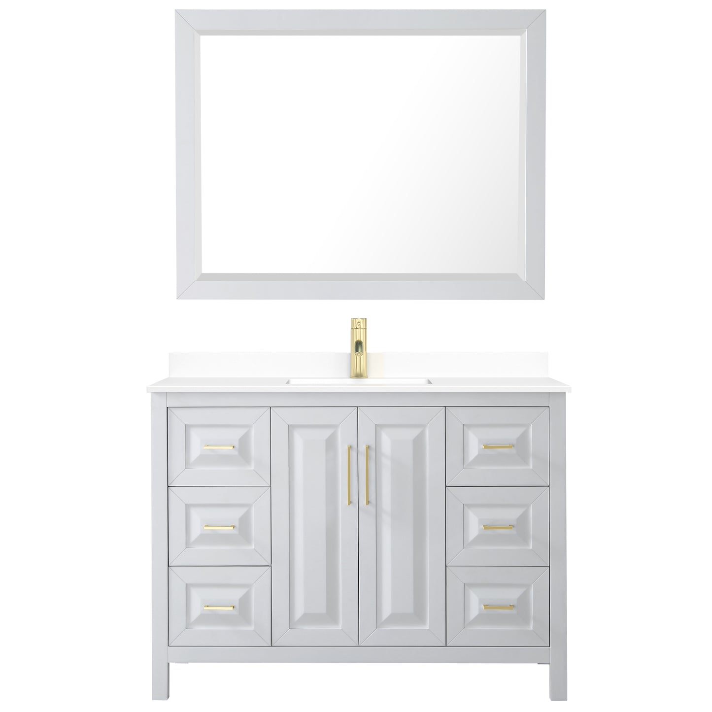 Daria 48" White Single Vanity, White Marble Top, 46" Mirror, Brushed Gold Trim