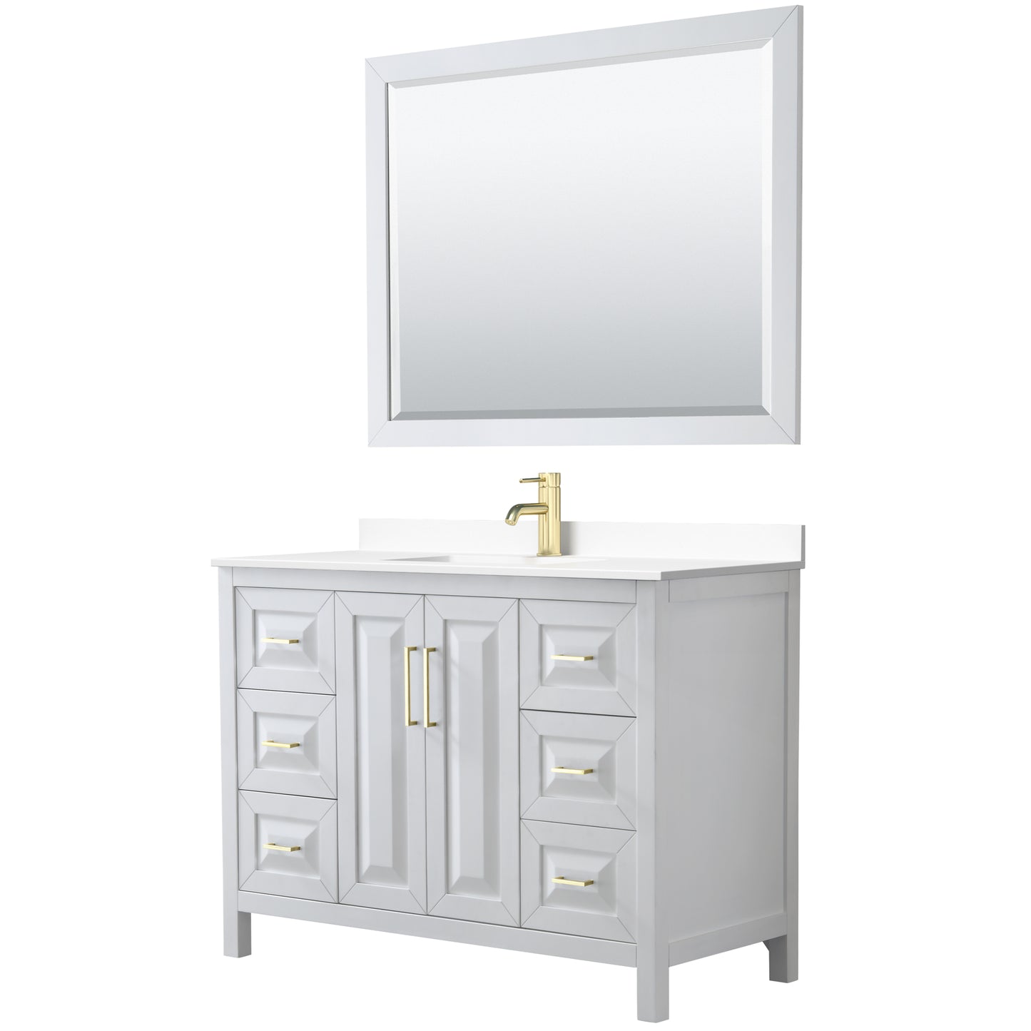 Daria 48" White Single Vanity, White Marble Top, 46" Mirror, Brushed Gold Trim