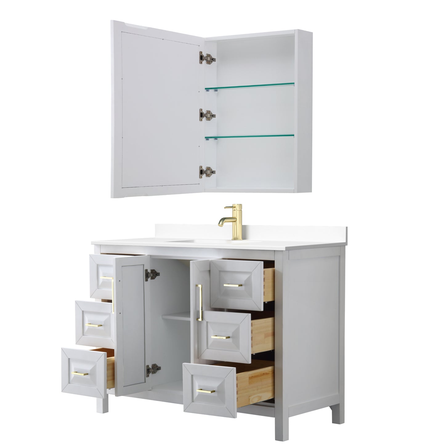 Daria 48" White Single Vanity, White Marble Top, Medicine Cabinet, Gold Trim