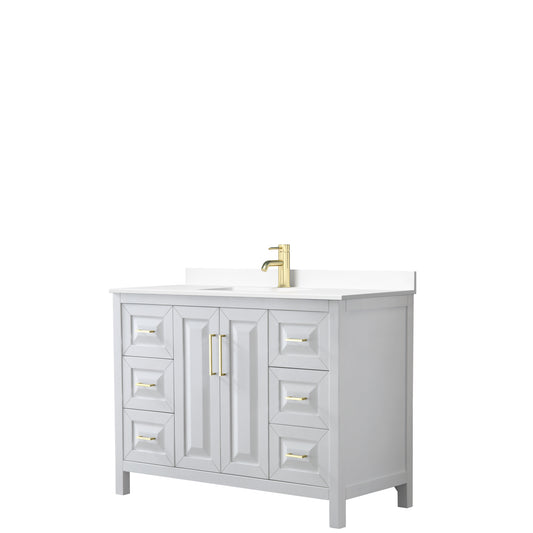 Daria 48" Single Vanity in White, White Cultured Marble Top, Gold Trim