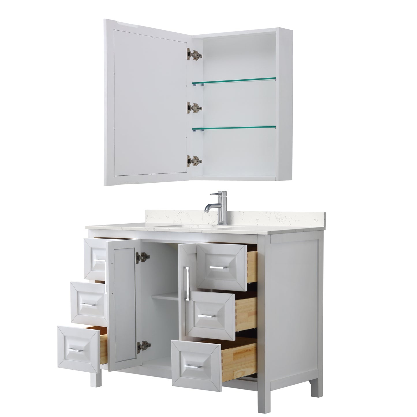 Daria 48" Single Vanity in White, Carrara Cultured Marble Top, Medicine Cabinet