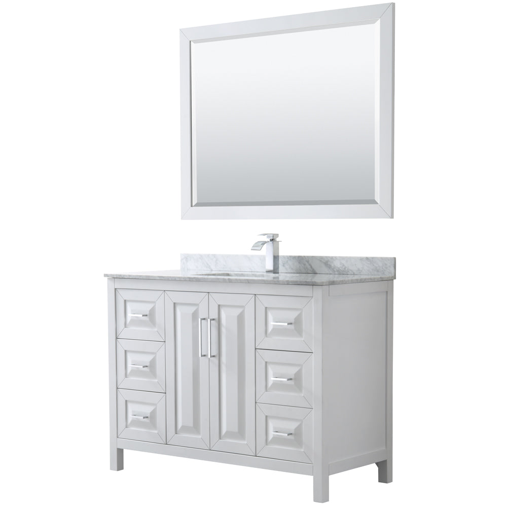 Daria 48 inch Single Bathroom Vanity in White, White Carrara Marble Countertop, Undermount Square Sink, and 46 inch Mirror