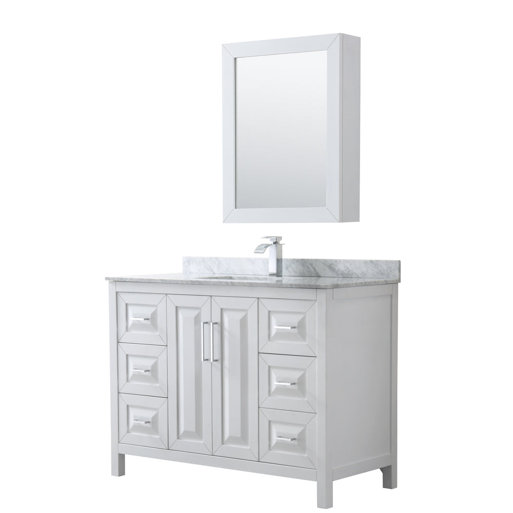 Daria 48 inch Single Bathroom Vanity in White, White Carrara Marble Countertop, Undermount Square Sink, and Medicine Cabinet