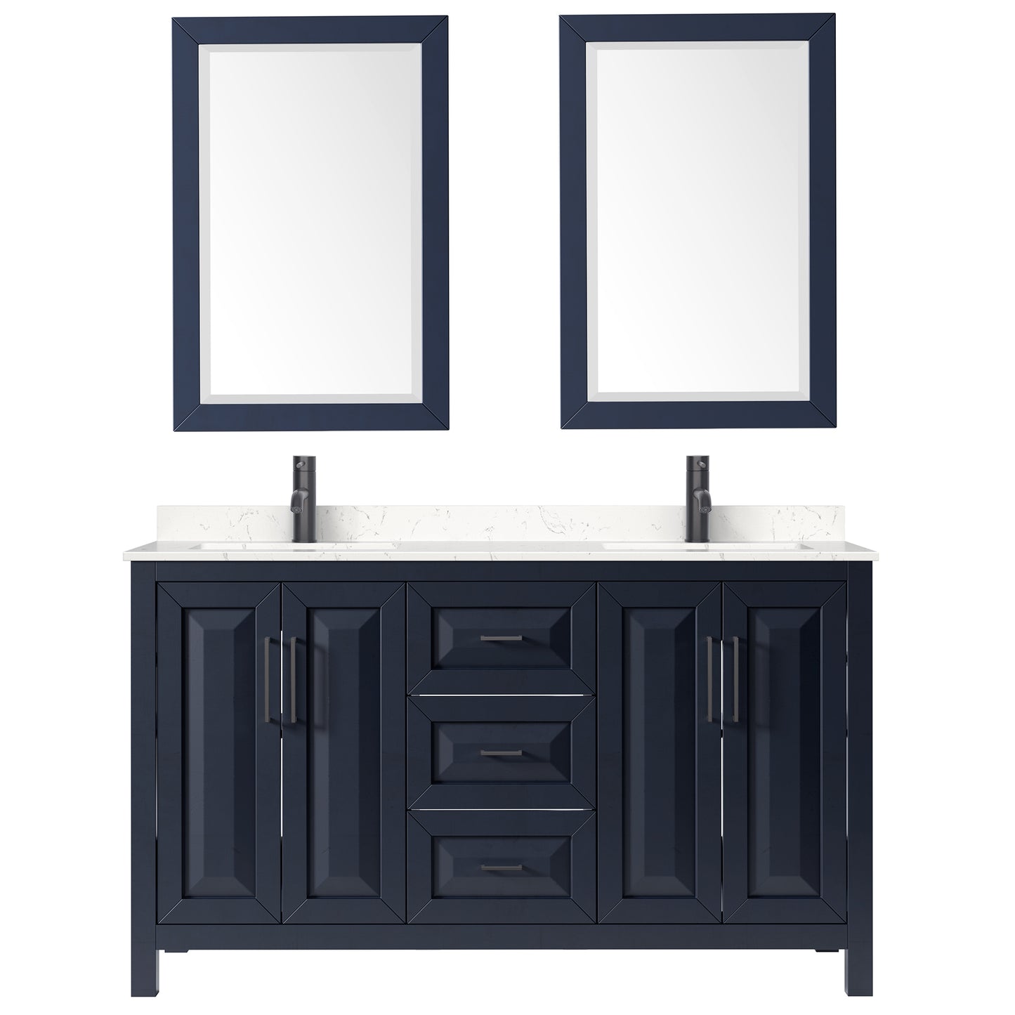 Daria 60" Dark Blue Double Vanity, Carrara Marble Top, Black Trim, 24" Mirrors