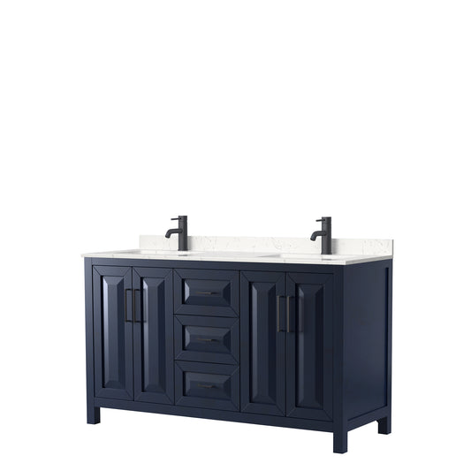 Daria 60" Double Vanity in Dark Blue, Carrara Cultured Marble Top, Black Trim