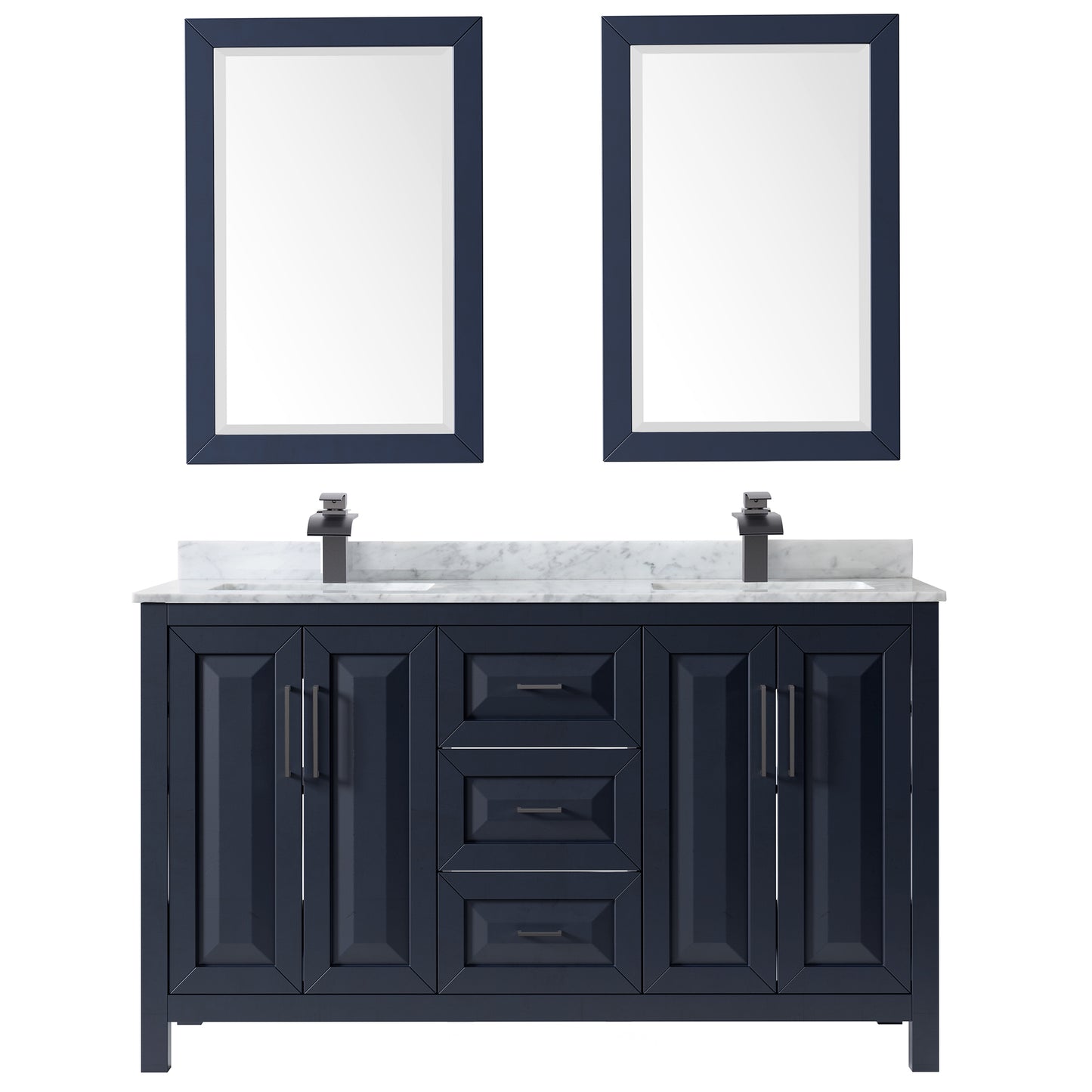 Daria 60" Double Vanity in Dark Blue, Top, Square Matte Black Trim, 24" Mirrors