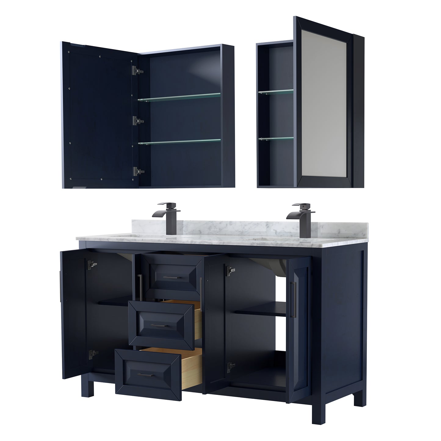 Daria 60" Double Vanity in Dark Blue, Top, Black Trim, Medicine Cabinets