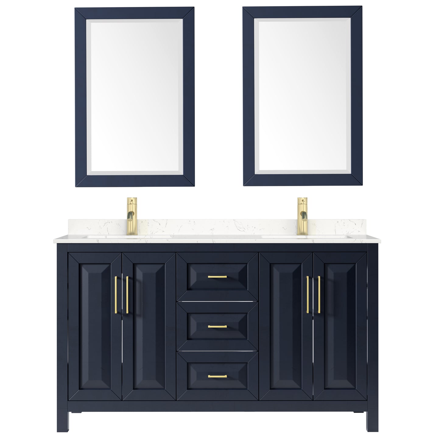Daria 60" Double Vanity in Dark Blue, Carrara Cultured Marble Top, 24" Mirrors