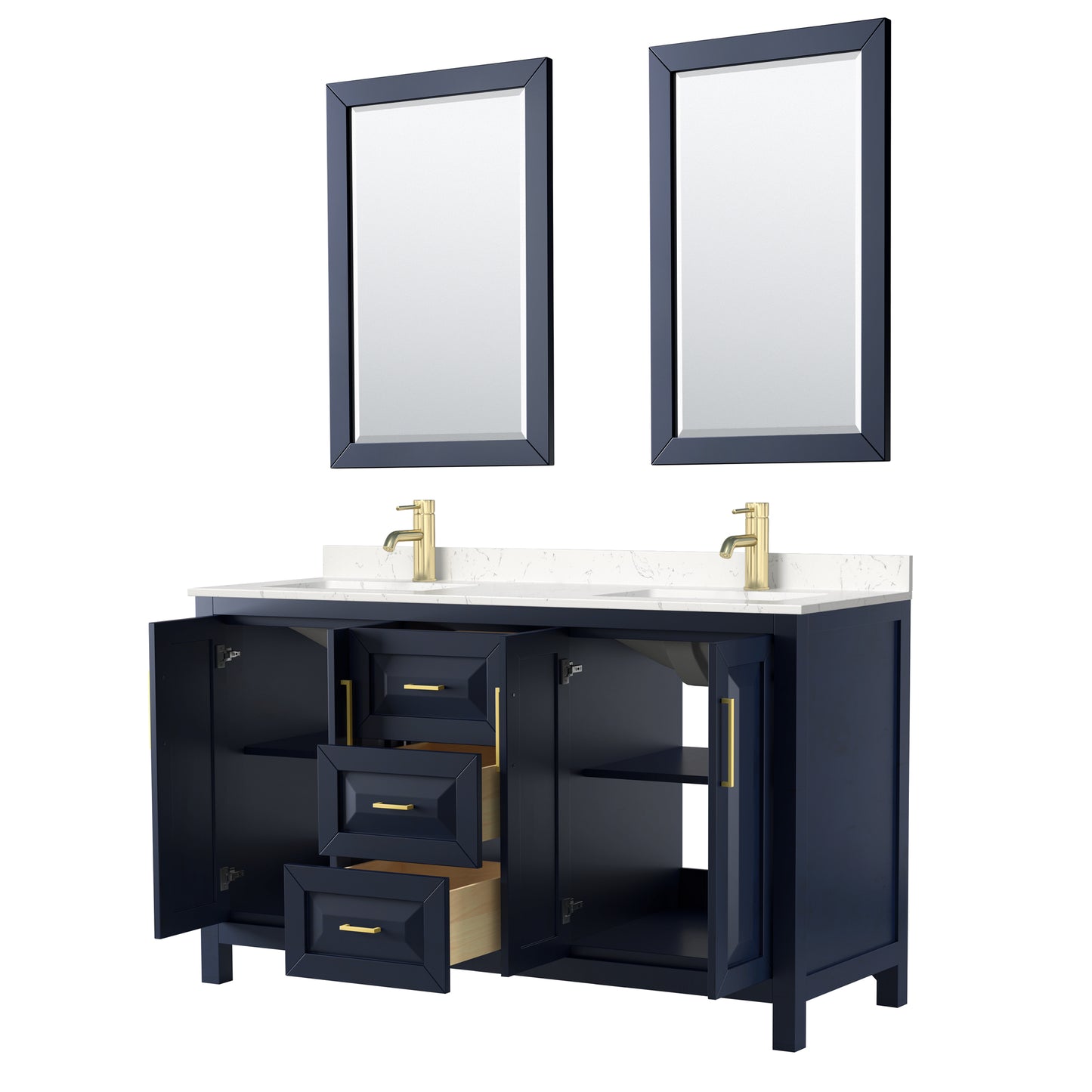 Daria 60" Double Vanity in Dark Blue, Carrara Cultured Marble Top, 24" Mirrors