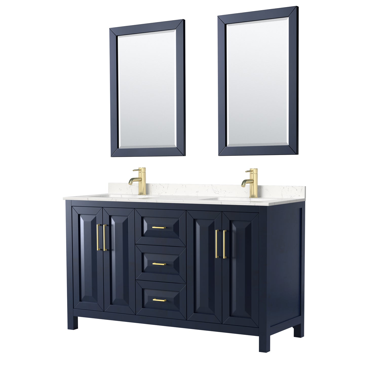 Daria 60" Double Vanity in Dark Blue, Carrara Cultured Marble Top, 24" Mirrors