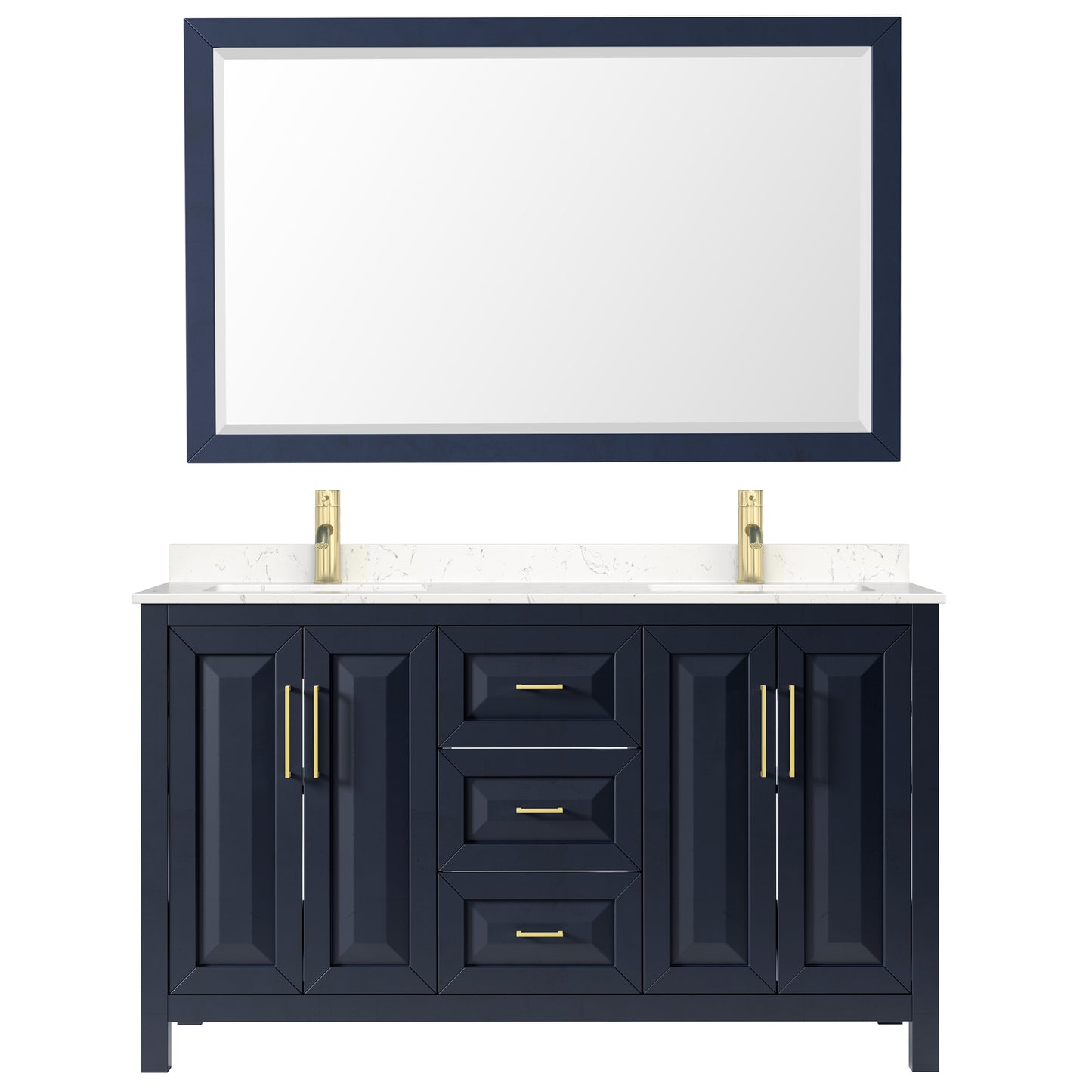 Daria 60" Double Vanity in Dark Blue, Carrara Cultured Marble Top, 58" Mirror
