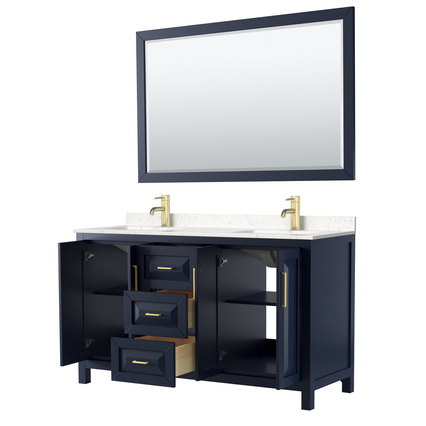 Daria 60" Double Vanity in Dark Blue, Carrara Cultured Marble Top, 58" Mirror