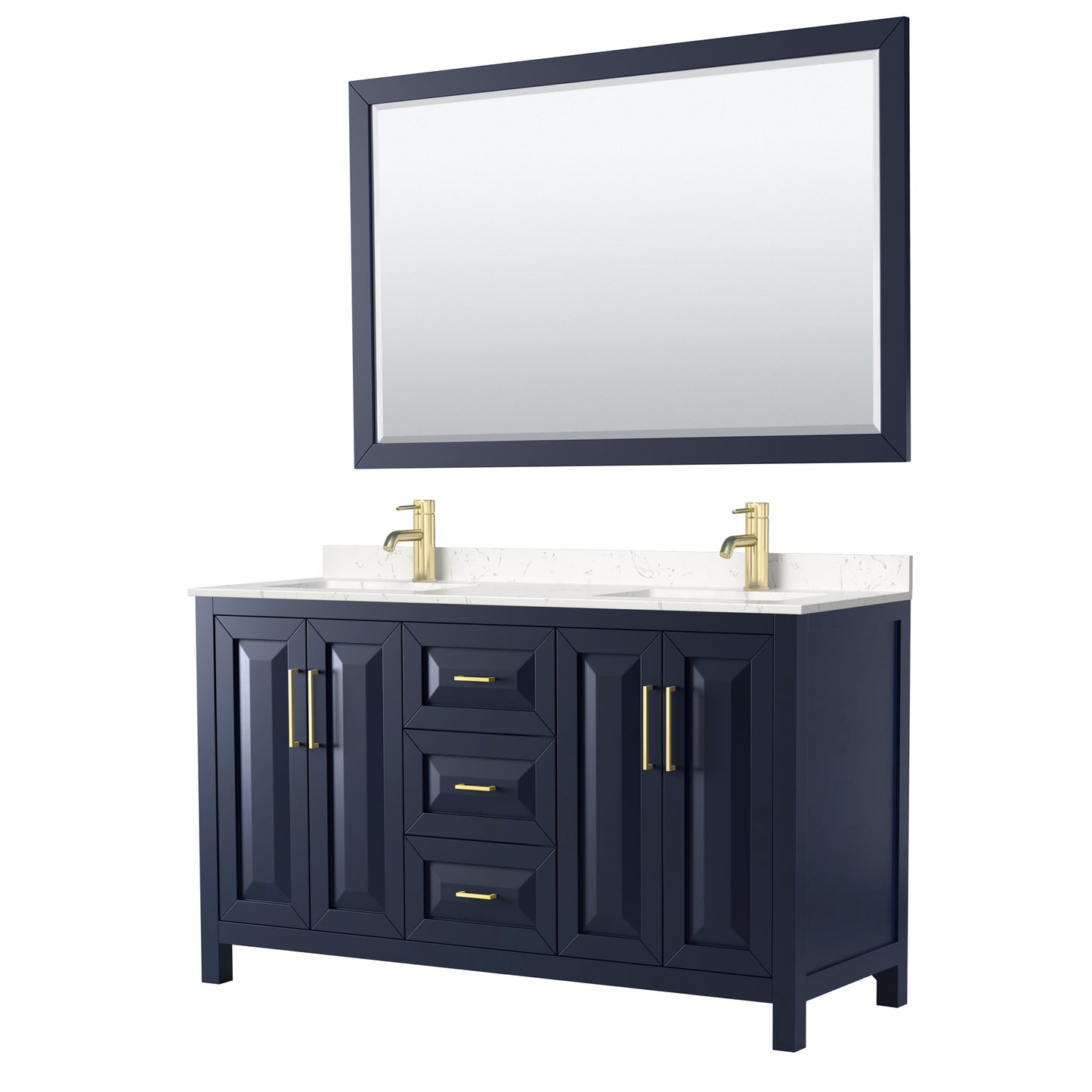 Daria 60" Double Vanity in Dark Blue, Carrara Cultured Marble Top, 58" Mirror